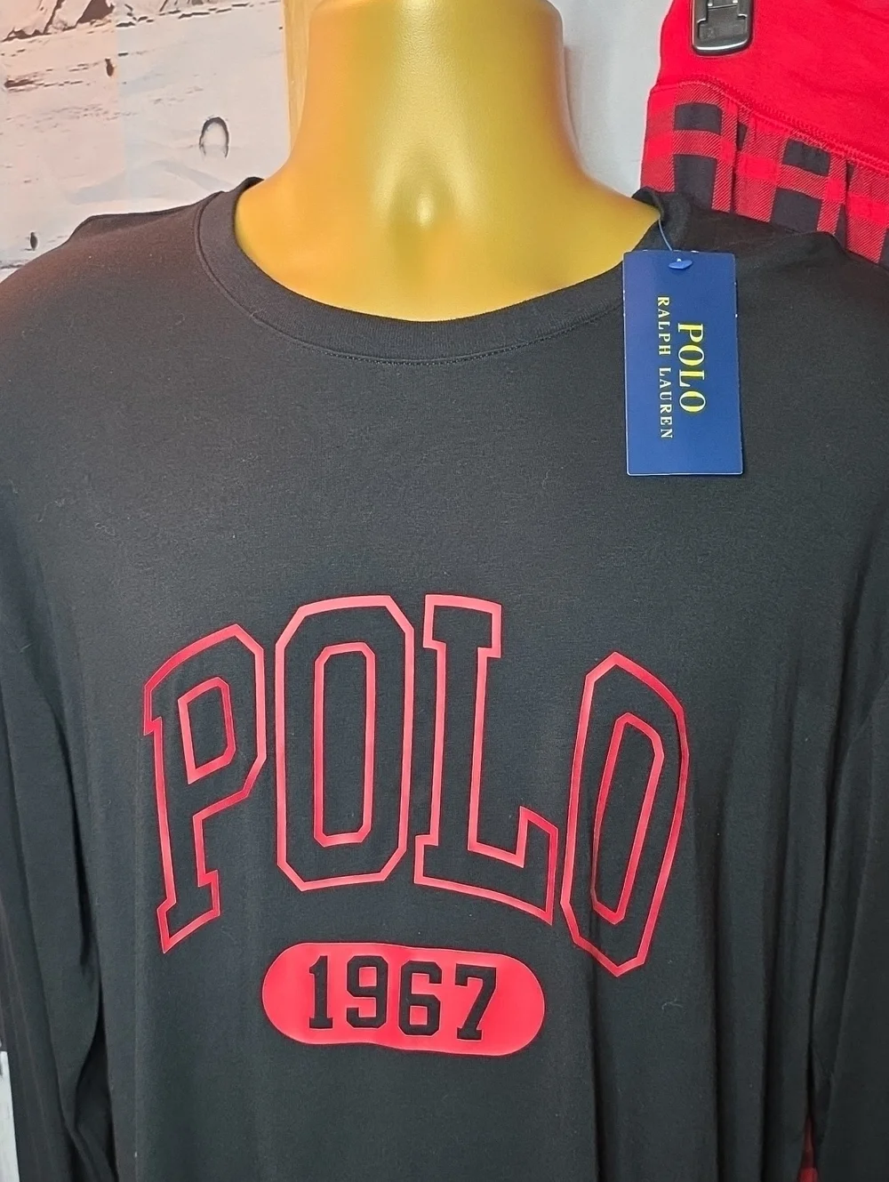 Polo by Ralph Lauren Mens Black Top with Red Logo & Red Plaid Pajama Pants Large